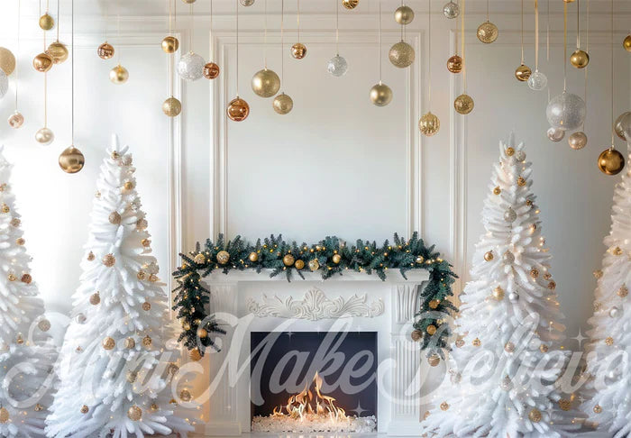Kate White Weihnachten Retro Floral Kamin Kulisse Entworfen von Mini MakeBelieve - Kate Backdrop.de