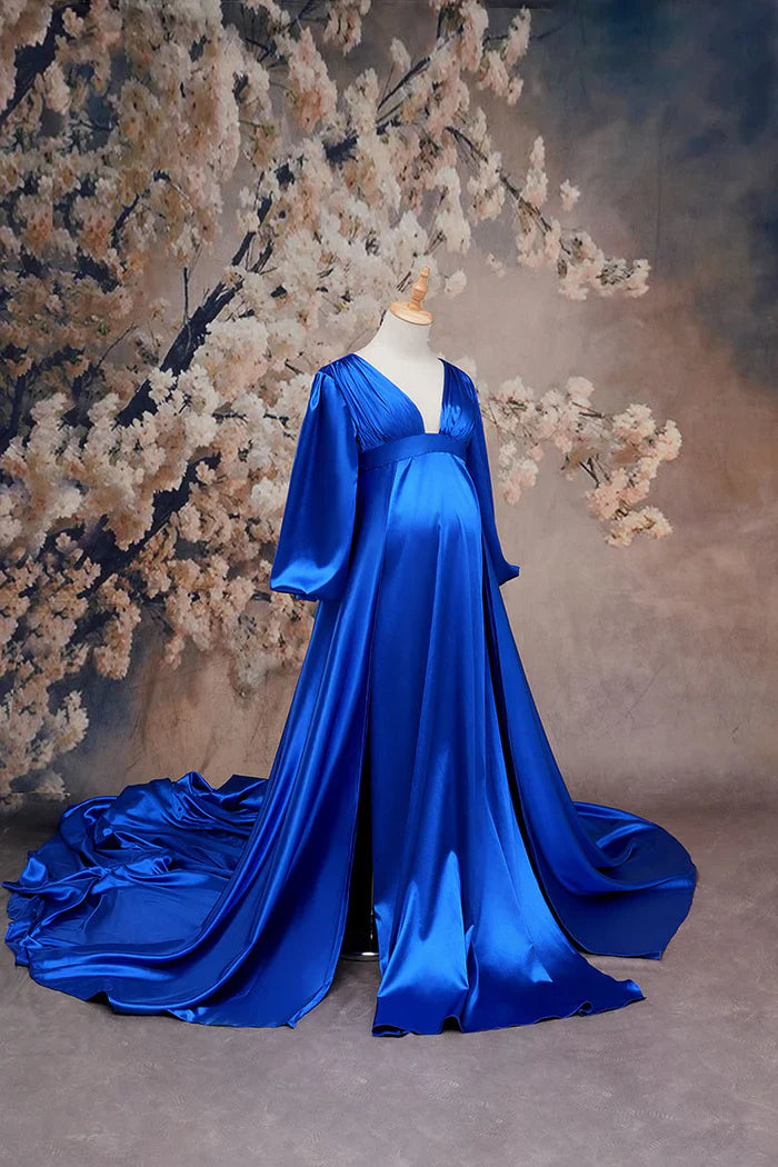 Kate Saphirblaues langärmeliges Satinblaues Mutterschafts-Fotoshoot-Kleid - Kate Backdrop.de