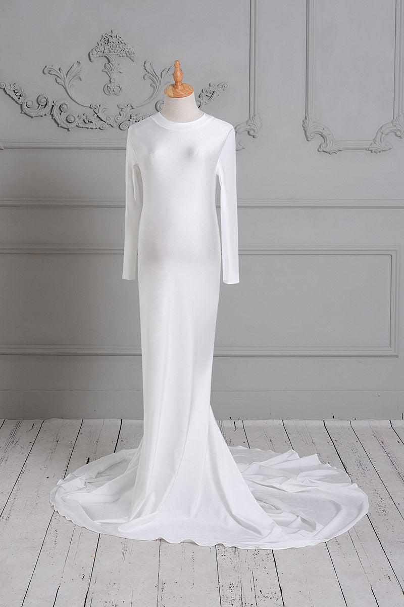 White Long Sleeve Silk Maternity Dress Front View