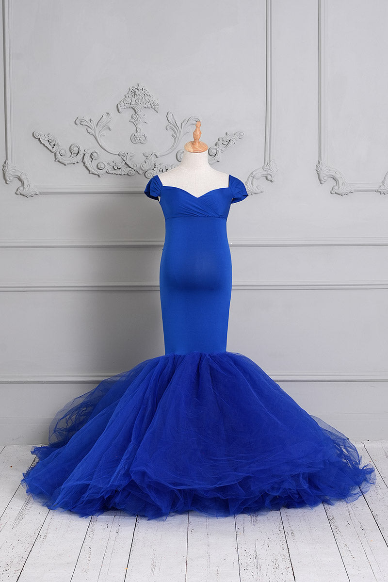  Blue One Shoulder Satin Maternity Dress Front View