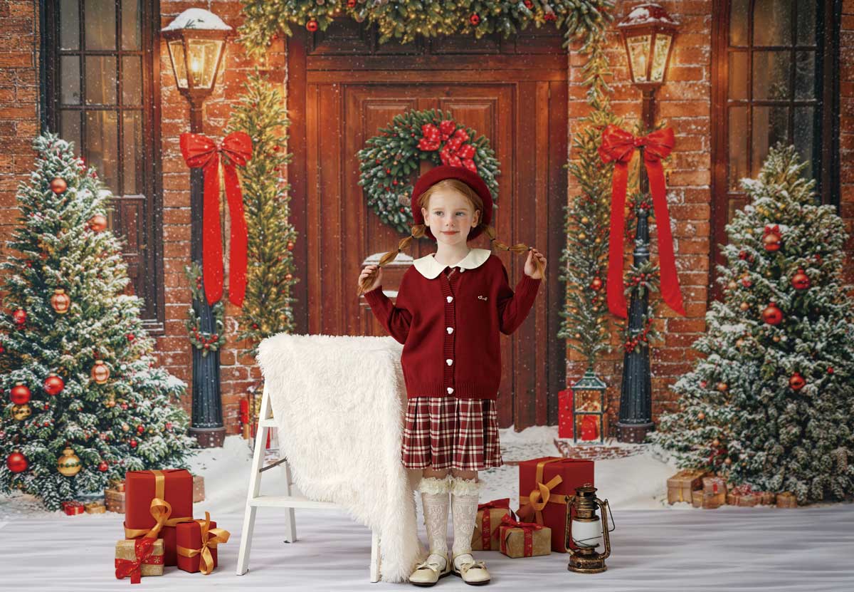 Kate Winter-Weihnachten Baum Rot Front Holztür Kranz Foto Kit - Kate Backdrop.de