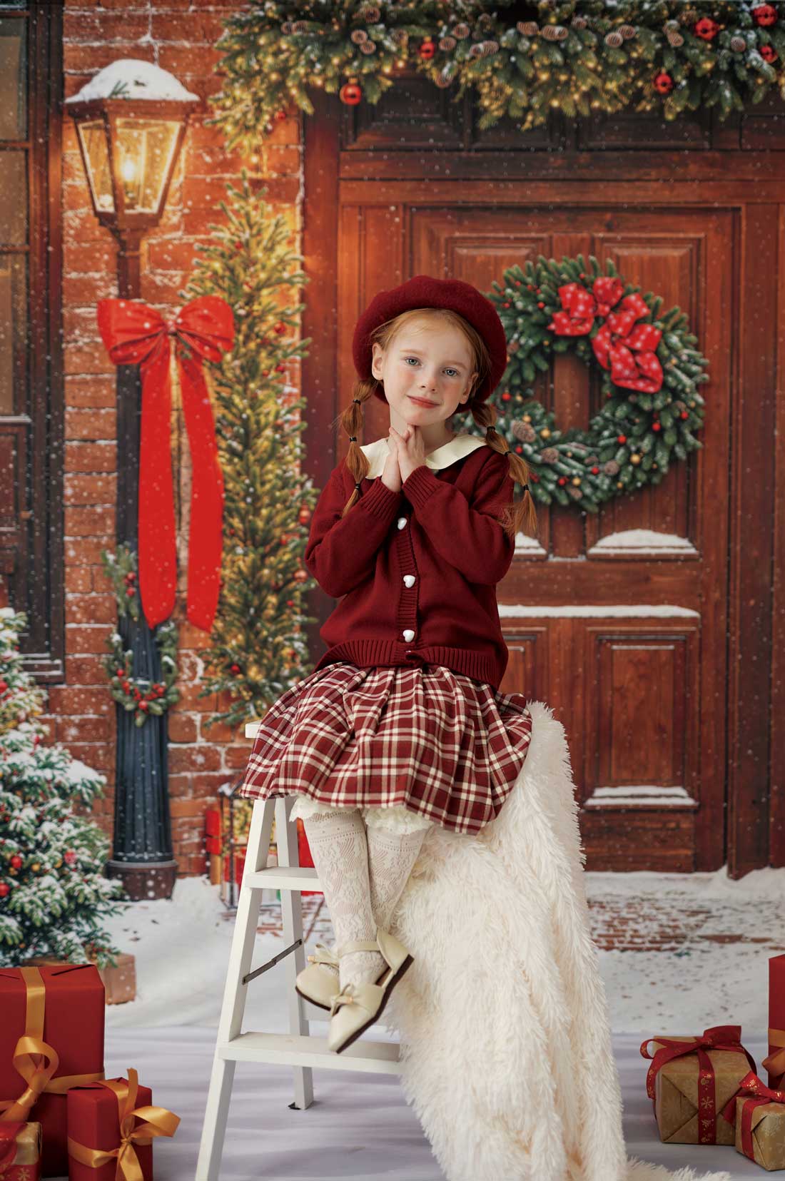 Kate Winter-Weihnachten Baum Rot Front Holztür Kranz Foto Kit