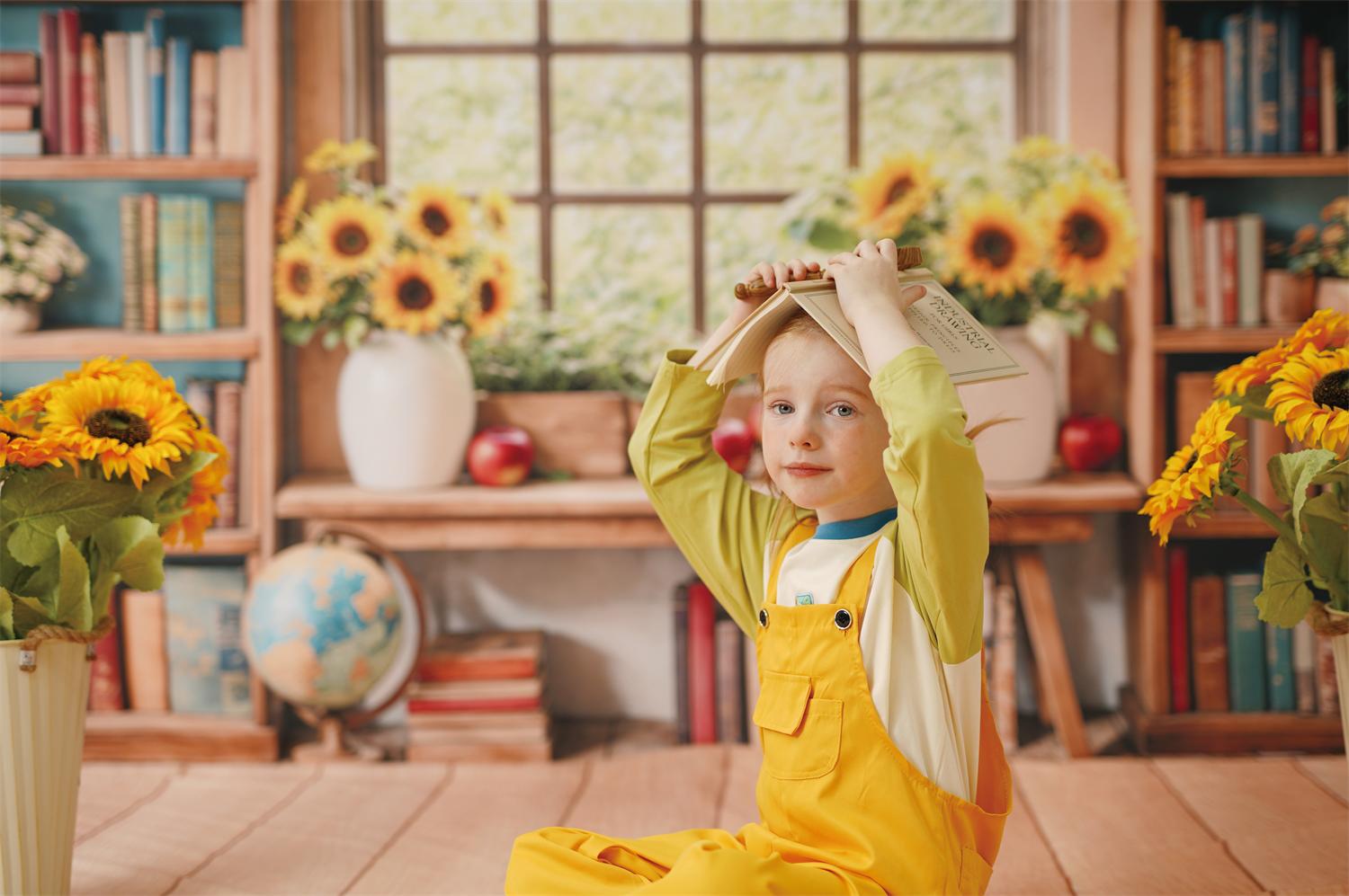 ⚡Blitzangebote #2-Kate Sommer zurück zur Schule Graduation Sonnenblume Bücherregal Fenster Hintergrund+Hellbrauner Holzboden mit Muster Hintergrund - Kate Backdrop.de