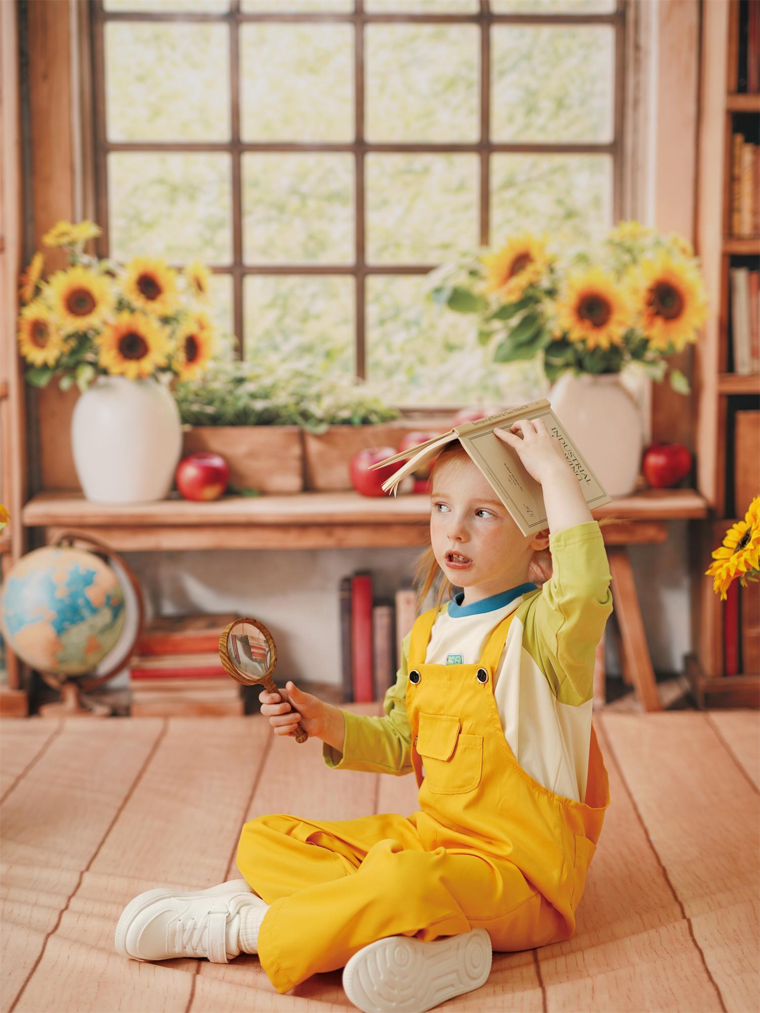 ⚡Blitzangebote #2-Kate Sommer zurück zur Schule Graduation Sonnenblume Bücherregal Fenster Hintergrund+Hellbrauner Holzboden mit Muster Hintergrund - Kate Backdrop.de