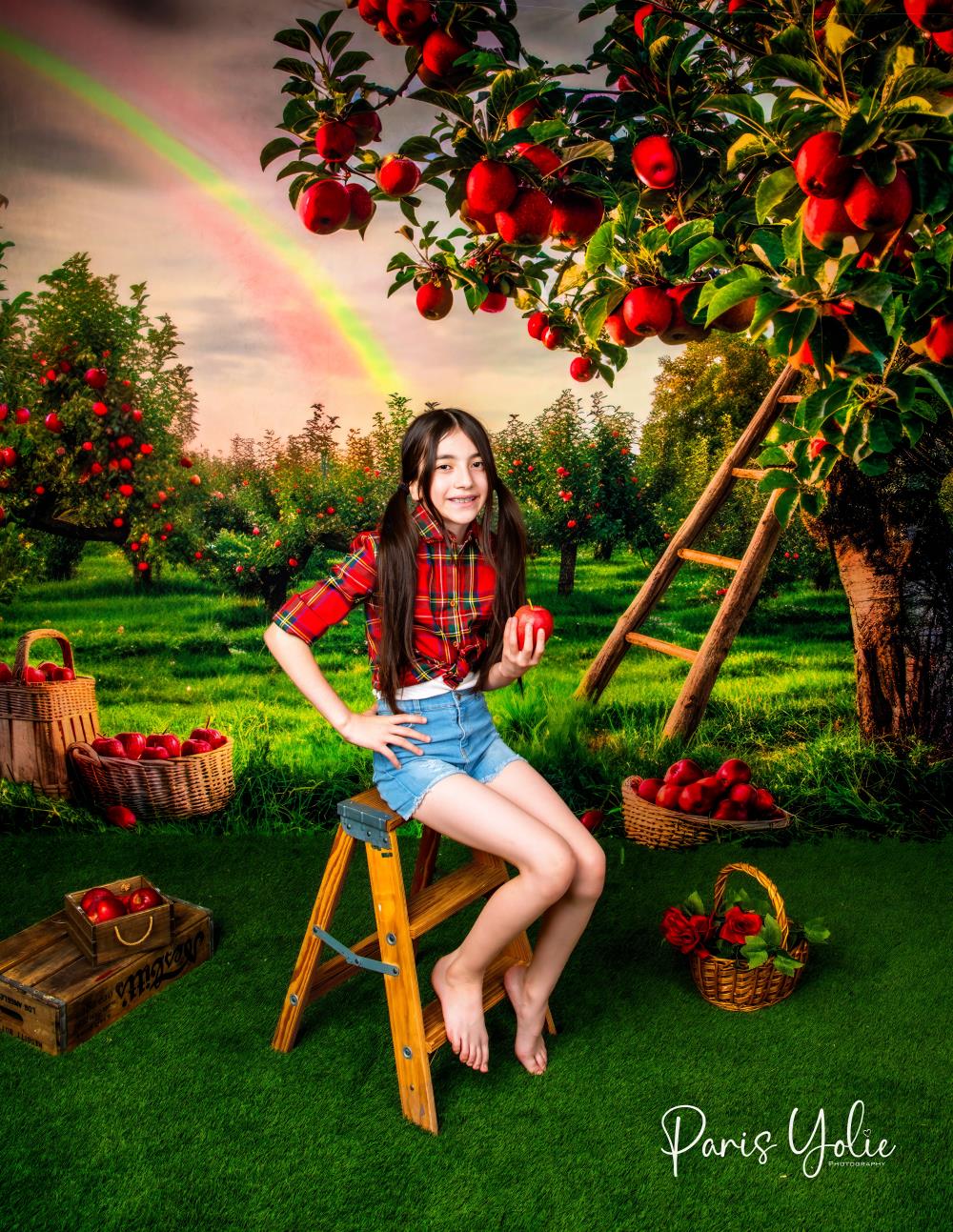 Kate Sommer Grün Wiesen Regenbogen Holzleiter Rote Apfel Obstgarten Hintergrund Entworfen von Mini MakeBelieve - Kate Backdrop.de