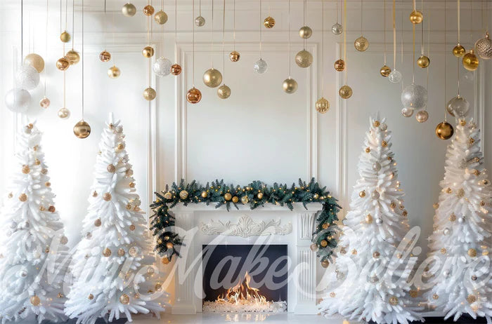 Kate White Weihnachten Retro Floral Kamin Kulisse Entworfen von Mini MakeBelieve - Kate Backdrop.de