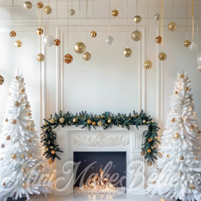 Kate White Weihnachten Retro Floral Kamin Kulisse Entworfen von Mini MakeBelieve - Kate Backdrop.de