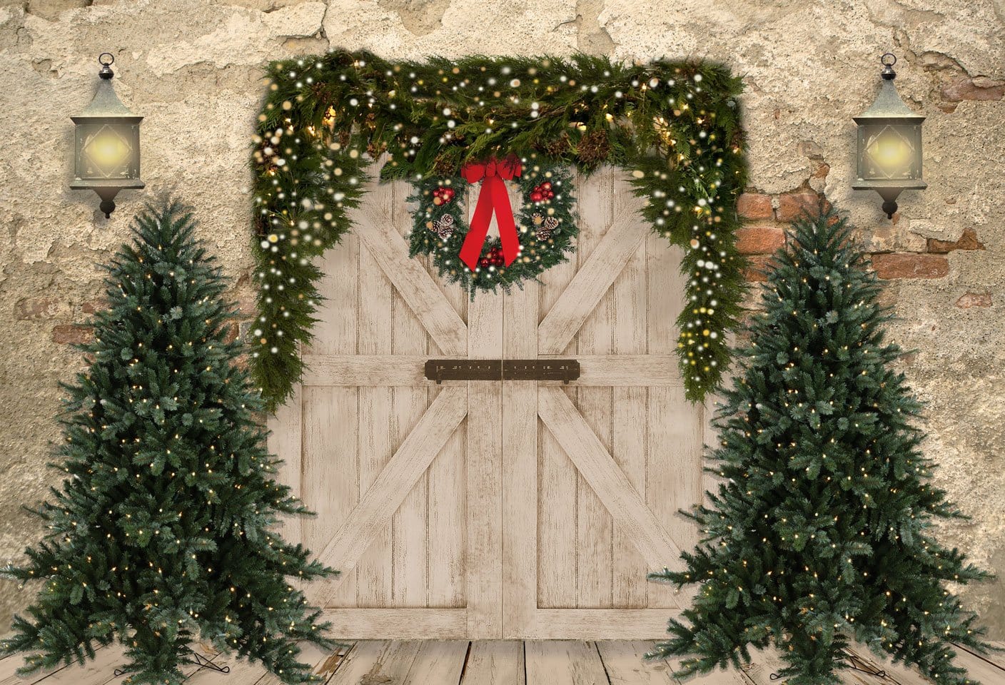 Kate Weihnachten Fleece Hintergrund Ziegelwand Tür & Xmas B?ume Entworfen von JS Photography