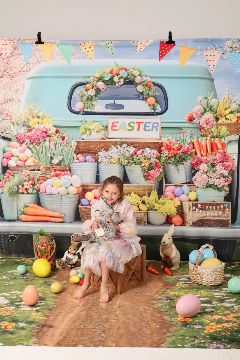 Kate Ostern Truck Grüne Pflanze Hintergrund+Frühjahr Blumen Feld Weg Boden Hintergrund - Kate Backdrop.de