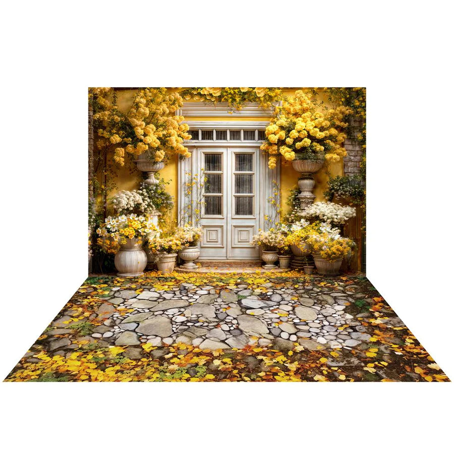 Kate Frühling Gelbe Blumen Hölzerne Türen Hintergrund+Herbst Goldener Stein Straße Boden Hintergrund
