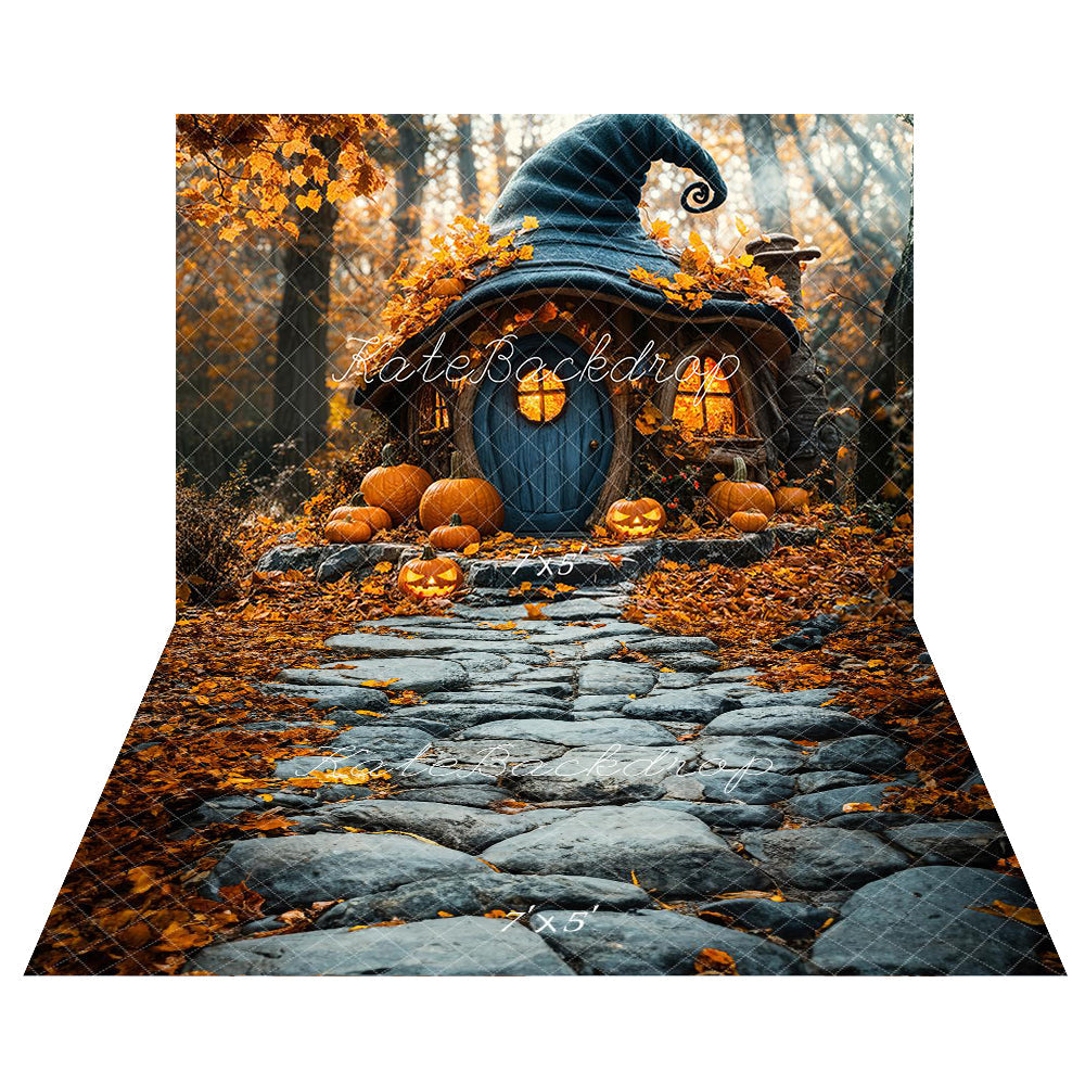 Kate Halloween Kürbis Hexenhut Cottage Hintergrund+Herbst Kopfsteinpflasterweg Boden Hintergrund - Kate Backdrop.de