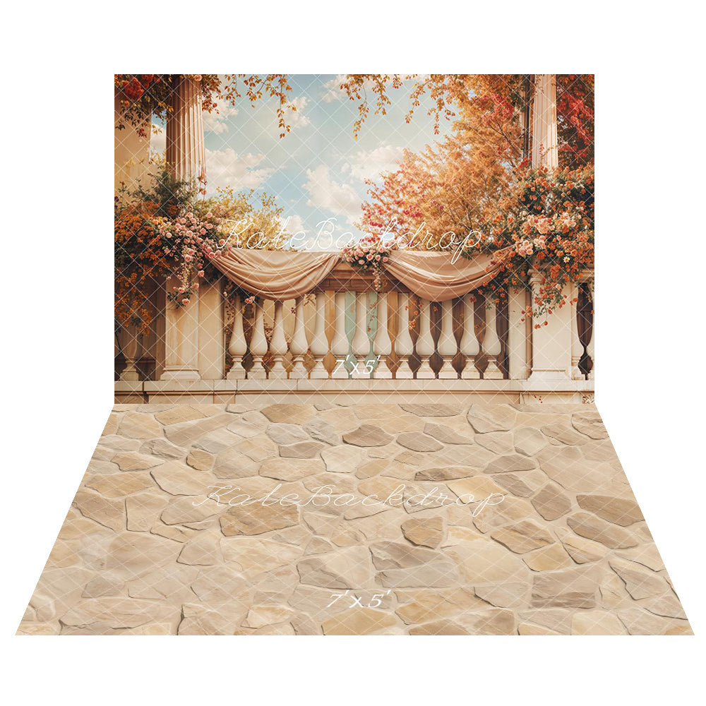 Kate Herbst Kunst Floral Blumen Balkon Hintergrund+Beige Steintextur Boden Hintergrund - Kate Backdrop.de