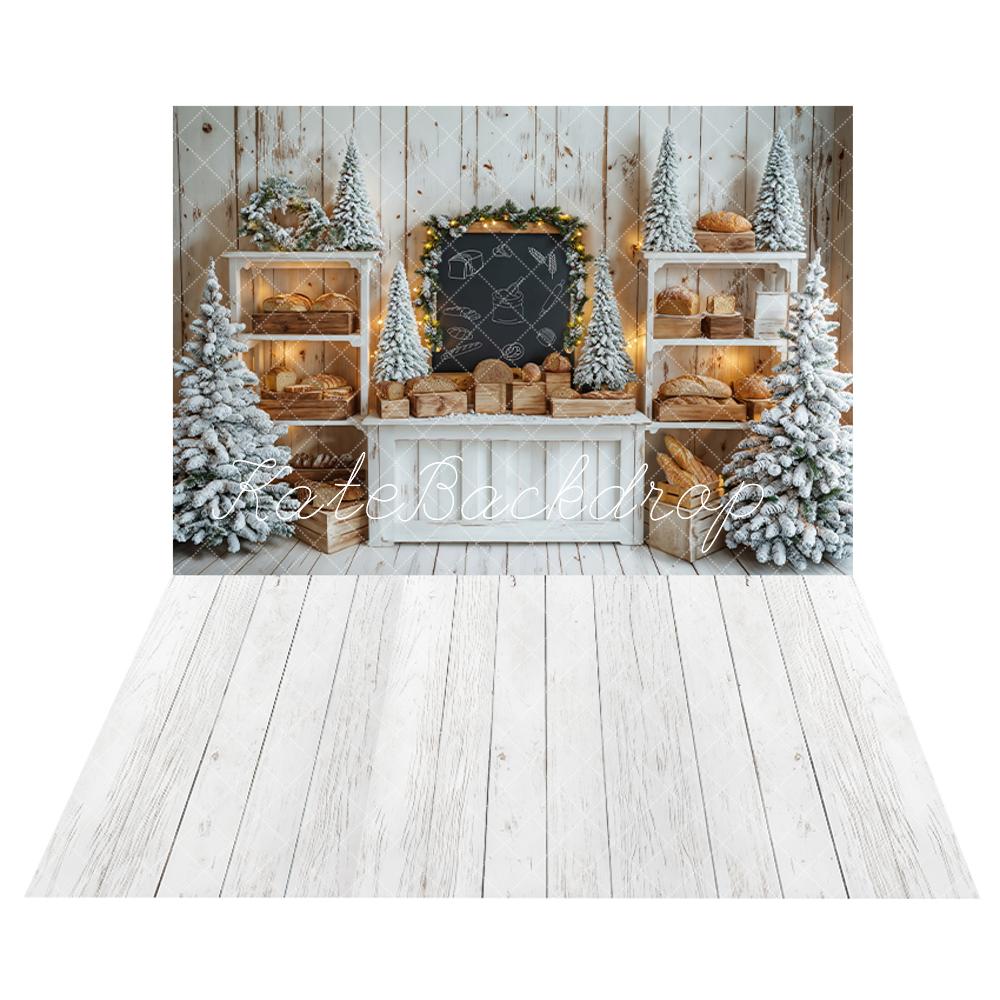 Kate Weihnachten Baum weißes Holzregal Brot Kreidetafel Hintergrund+Weißer Holzboden Hintergrund - Kate Backdrop.de
