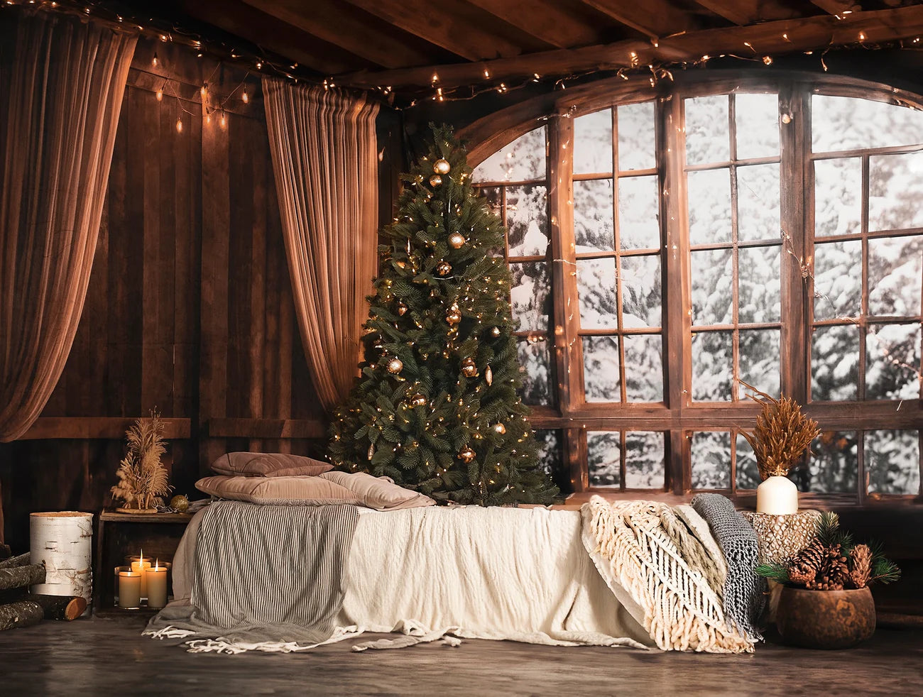 Kate Weihnachten -Baum Winter Schnee Holz Zimmer SetKate Weihnachten Holly Fenster Tür Schwarz Zimmer Set(8ftx8ft&10ftx8ft&8ftx10ft) - Kate Backdrop.de