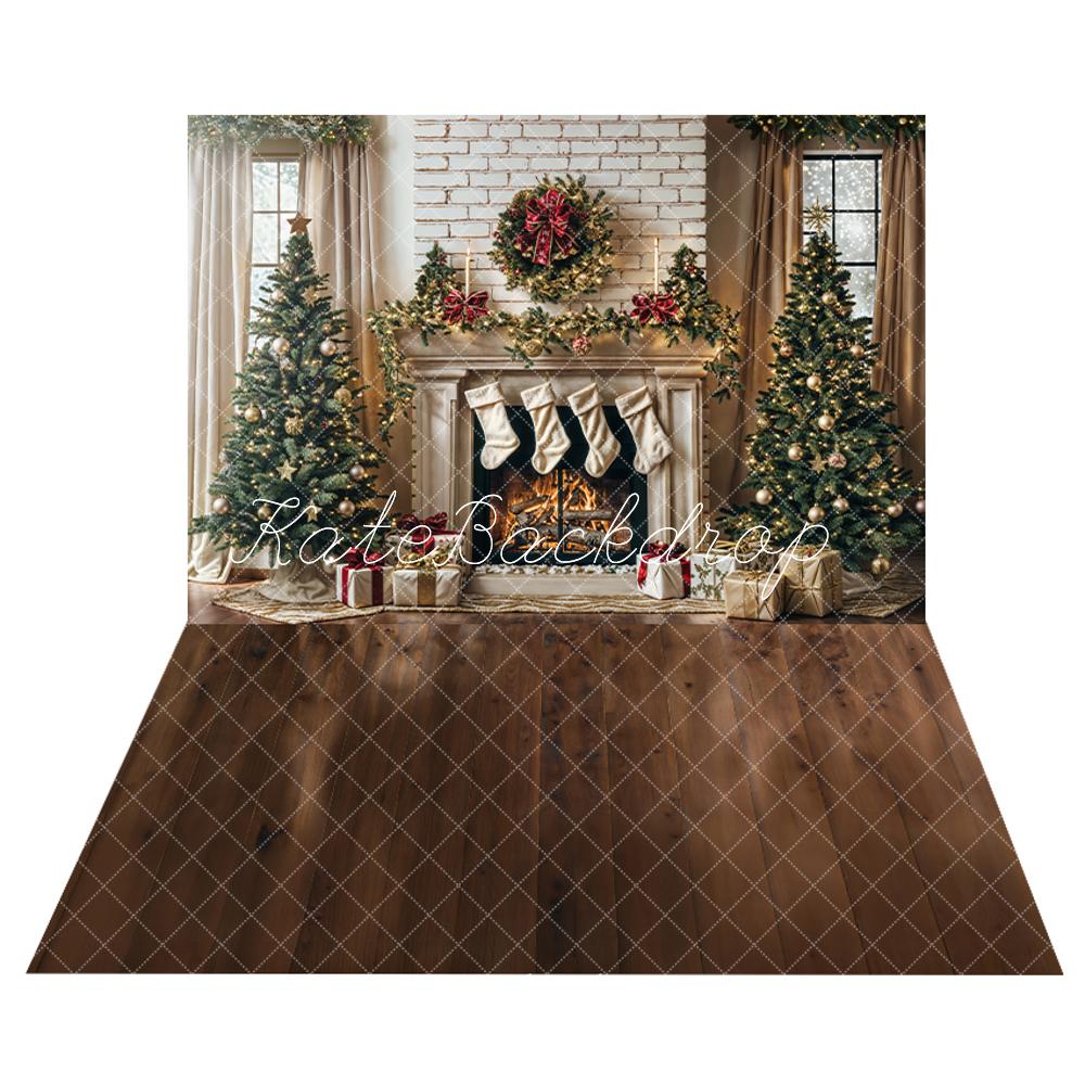 ⚡Blitzangebote #2-Kate Winter-Weihnachtsbaum-Weiß-Retro-Kamin-Hintergrund+Dunkelbraun-Holzboden-Hintergrund - Kate Backdrop.de