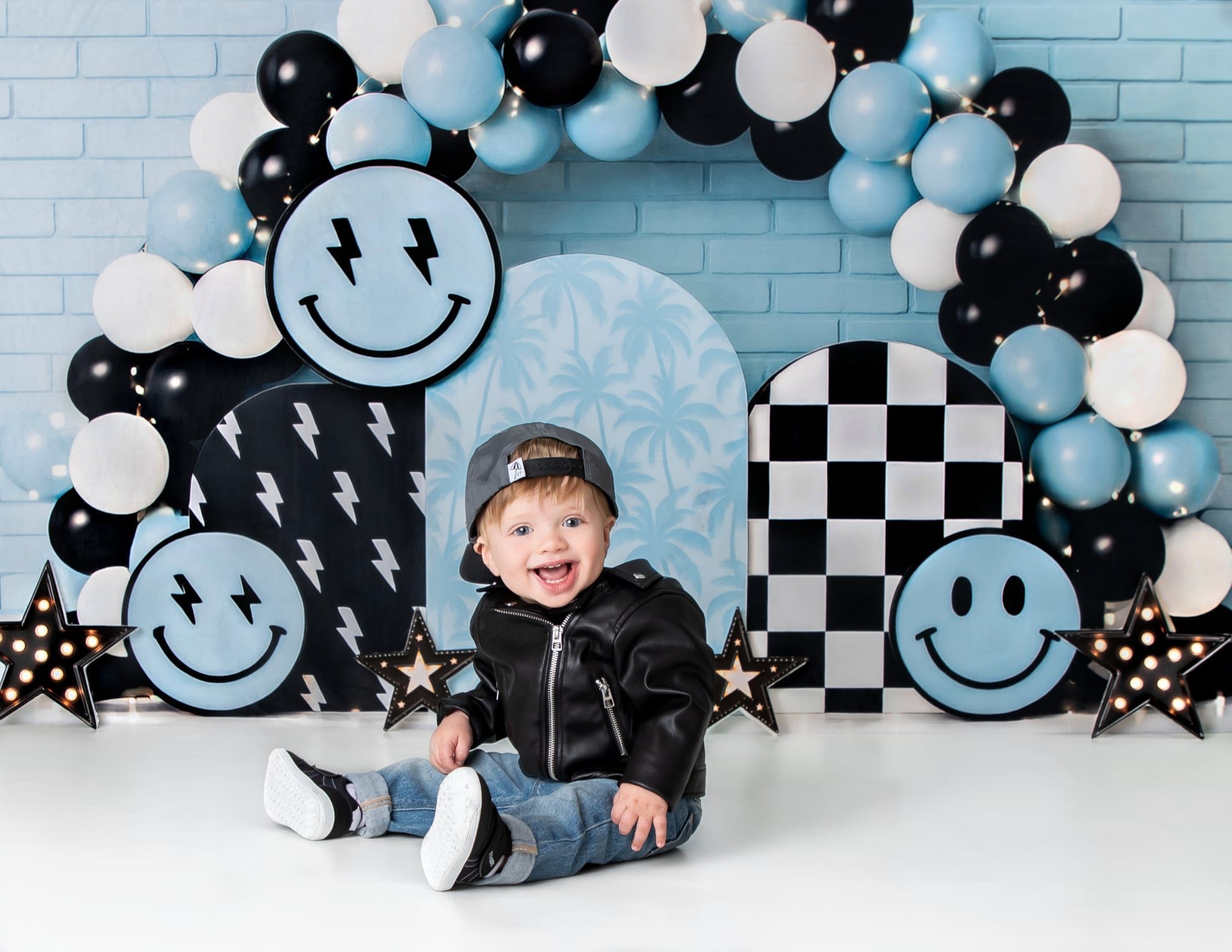⚡Flash Sale-Kate Cake Smash Smiley Blauer Ballonbogen Hintergrund - Kate Backdrop.de