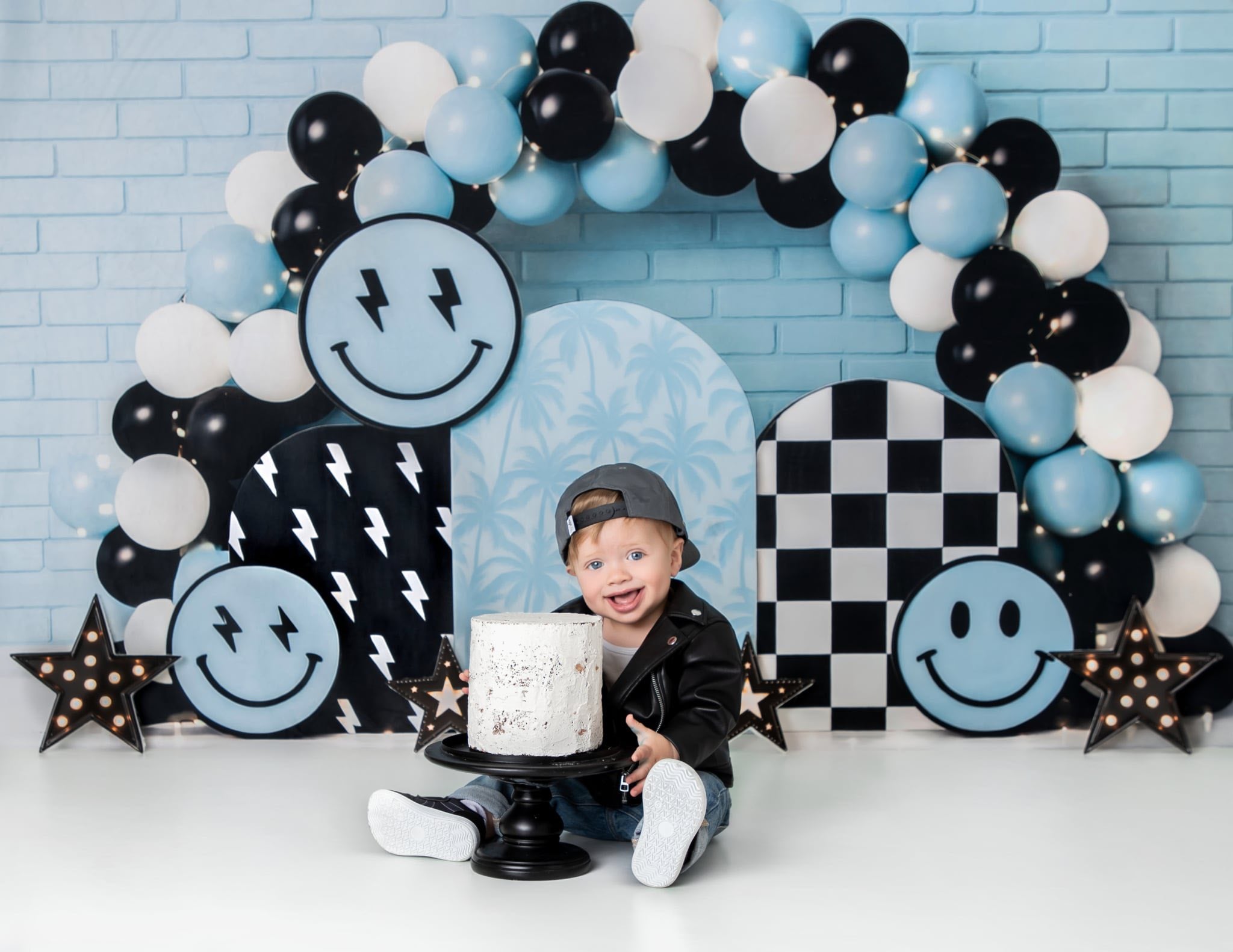 ⚡Flash Sale-Kate Cake Smash Smiley Blauer Ballonbogen Hintergrund - Kate Backdrop.de