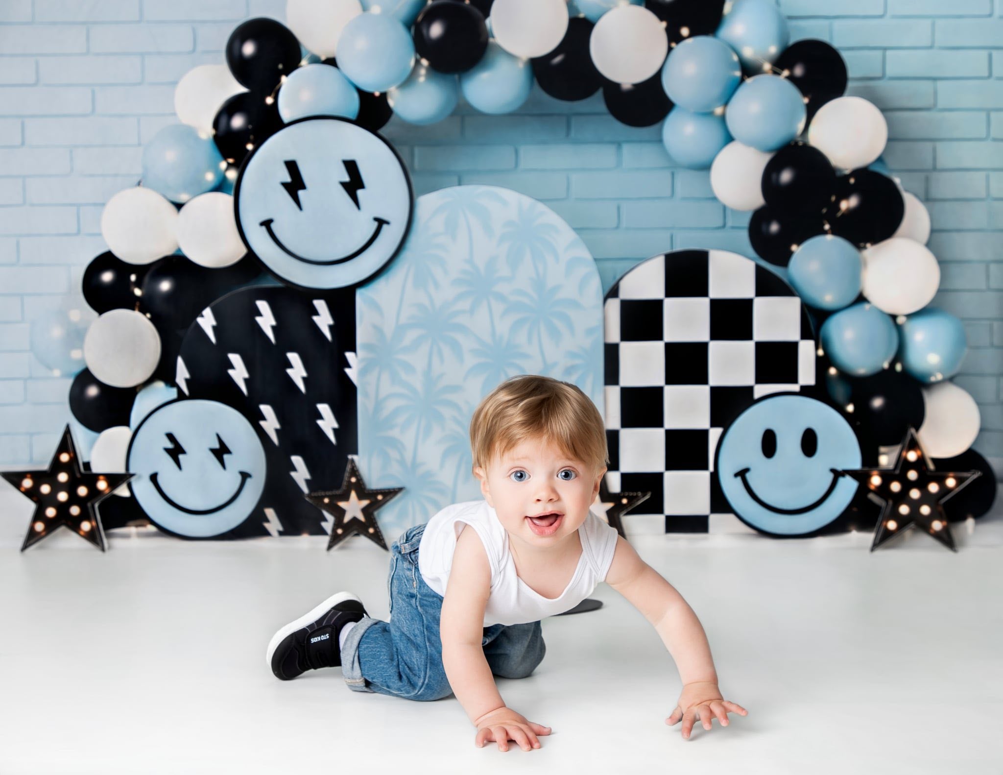 ⚡Flash Sale-Kate Cake Smash Smiley Blauer Ballonbogen Hintergrund - Kate Backdrop.de