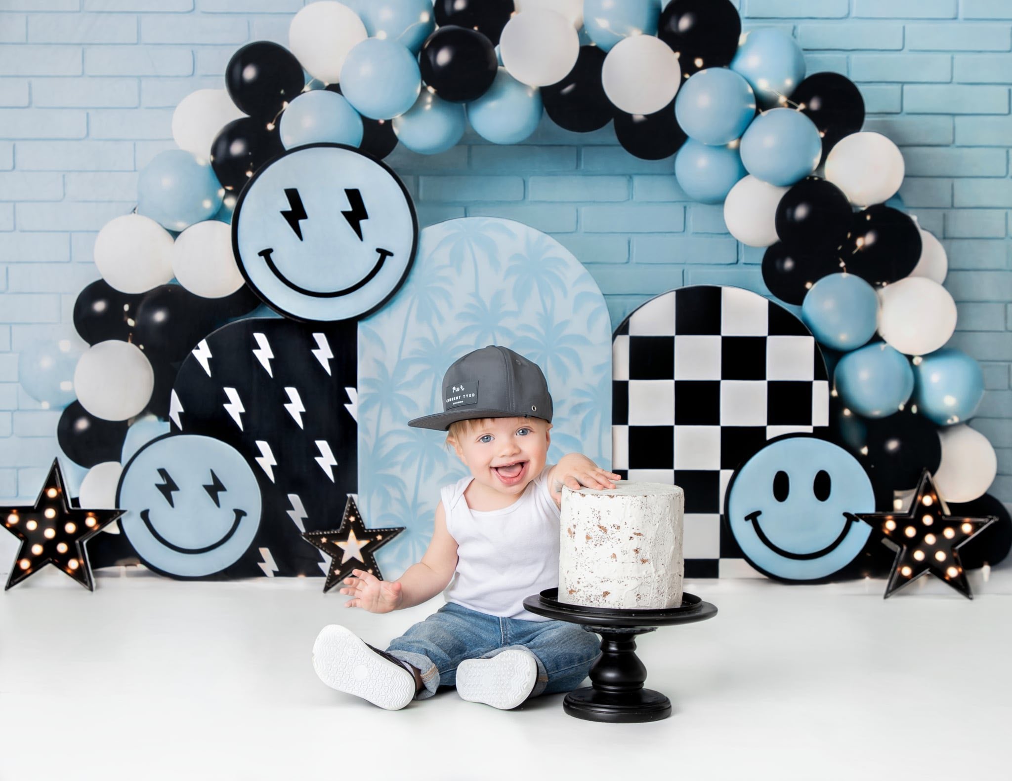 ⚡Flash Sale-Kate Cake Smash Smiley Blauer Ballonbogen Hintergrund - Kate Backdrop.de