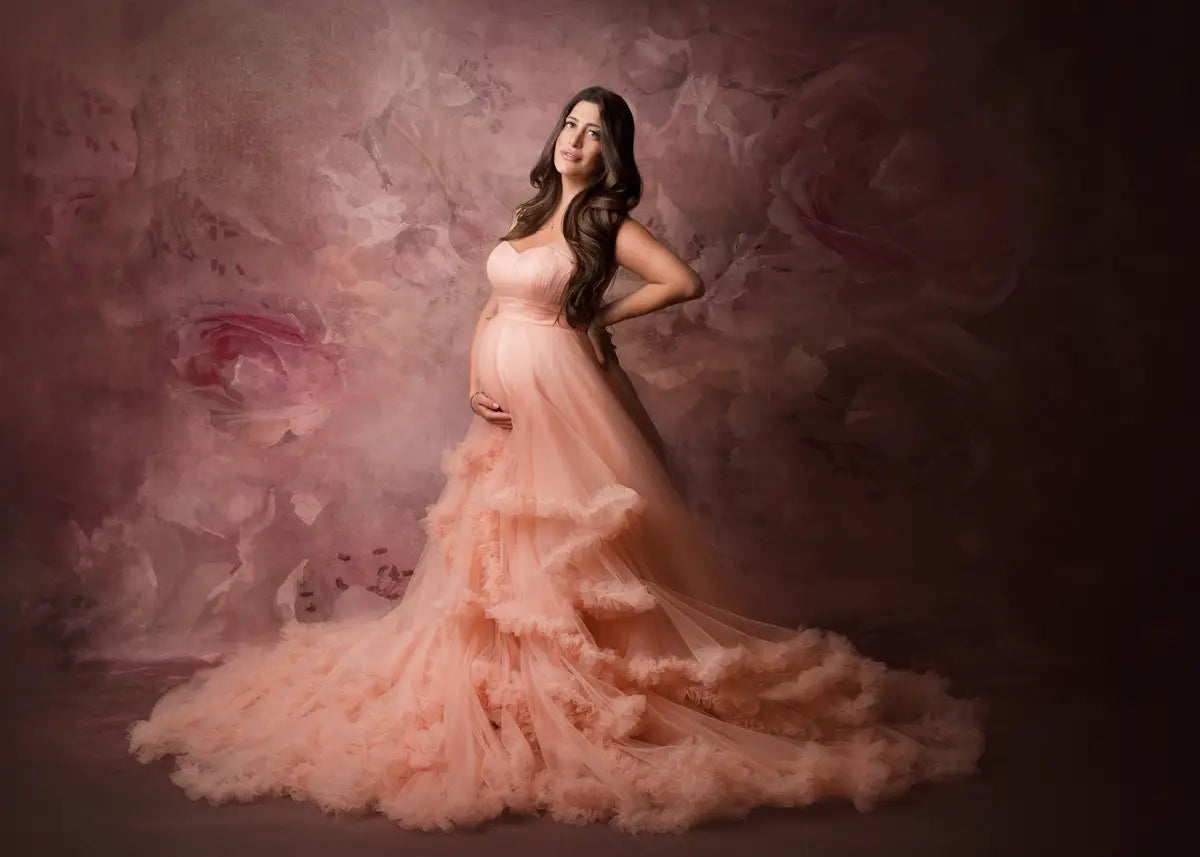 Kate Rotes Mutterschafts-Fotoshoot-Kleid mit einer Schulter aus Mesh - Kate Backdrop.de