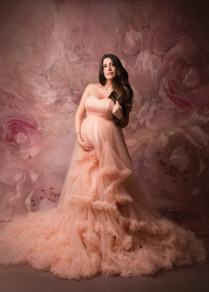Kate Rotes Mutterschafts-Fotoshoot-Kleid mit einer Schulter aus Mesh - Kate Backdrop.de