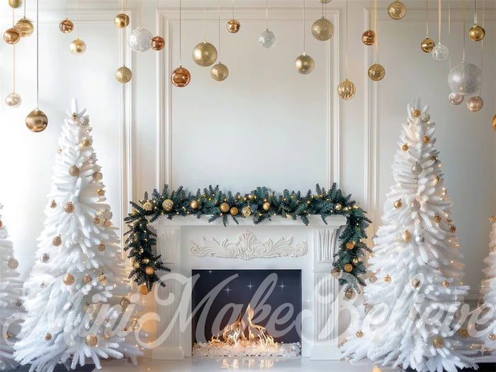 Kate White Weihnachten Retro Floral Kamin Kulisse Entworfen von Mini MakeBelieve - Kate Backdrop.de