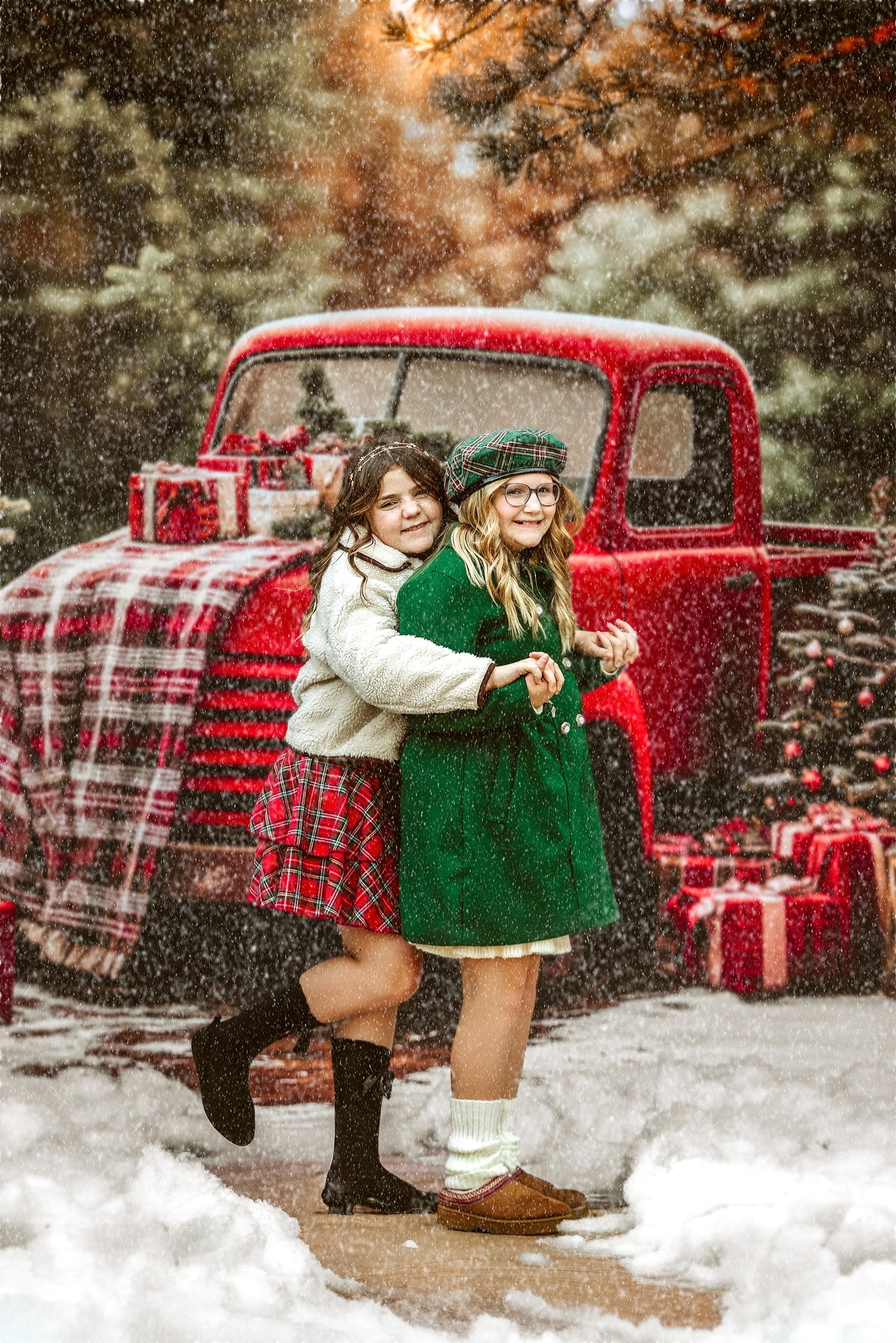Kate Weihnachten Roter LKW karierter Wald Hintergrund Entworfen von Emetselch - Kate Backdrop.de