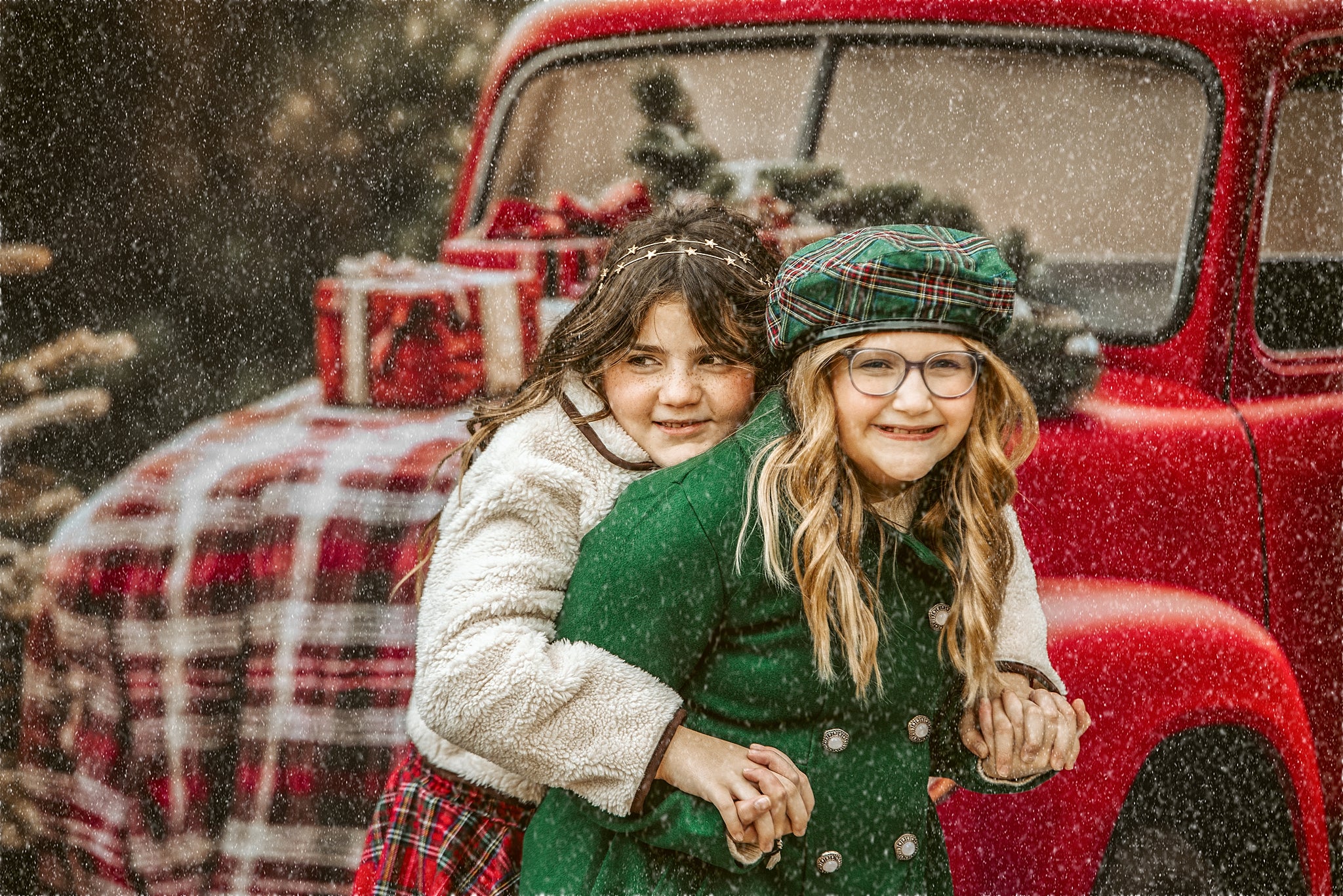 Kate Weihnachten Roter LKW karierter Wald Hintergrund Entworfen von Emetselch - Kate Backdrop.de