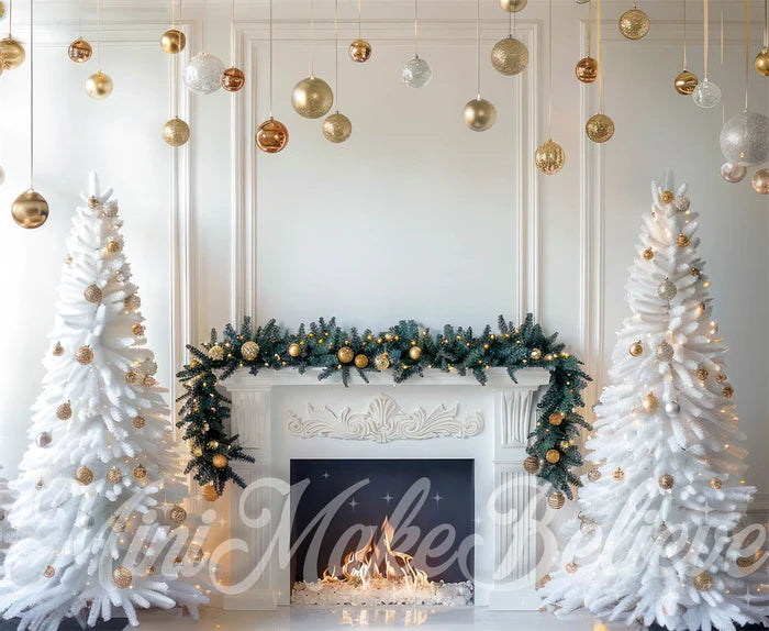 Kate White Weihnachten Retro Floral Kamin Kulisse Entworfen von Mini MakeBelieve - Kate Backdrop.de