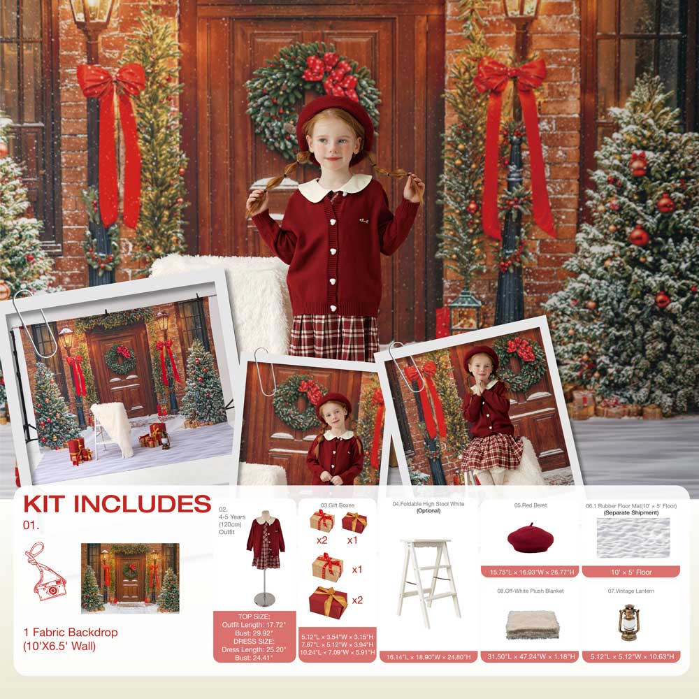 Kate Winter-Weihnachten Baum Rot Front Holztür Kranz Foto Kit