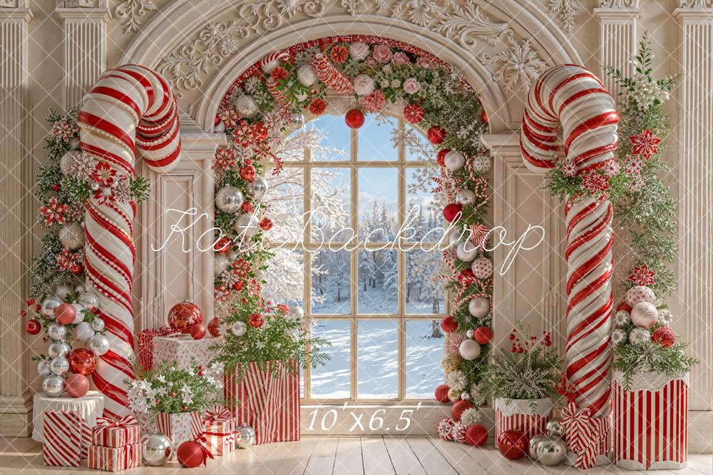 Kate Weihnachten Zuckerstangen Fenster Rot Weiß Fleece Hintergrund Entworfen von Emetselch - Kate Backdrop.de