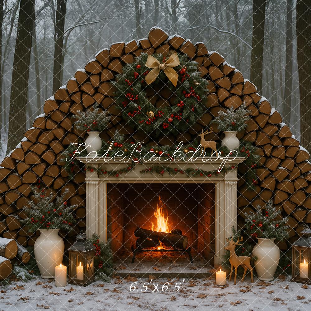 Kate Weihnachten Kamin Holzstapel Wald Hintergrund Entworfen von Ashley Paul - Kate Backdrop.de