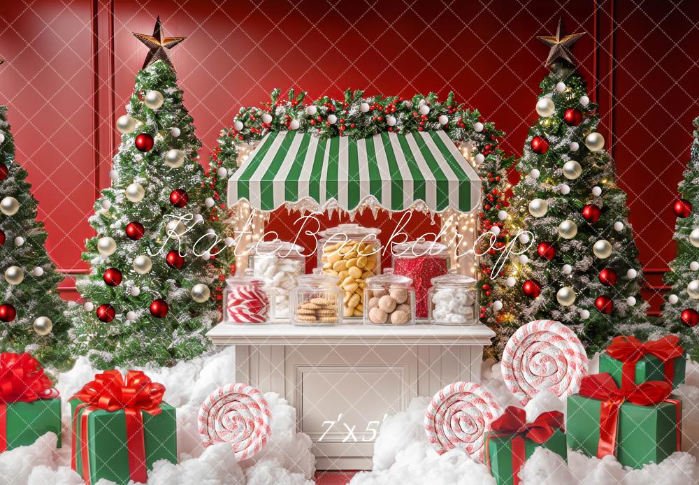Kate Weihnachten Süßigkeitenstand Tannenbäume Rot Grün Hintergrund Entworfen von Mini MakeBelieve - Kate Backdrop.de