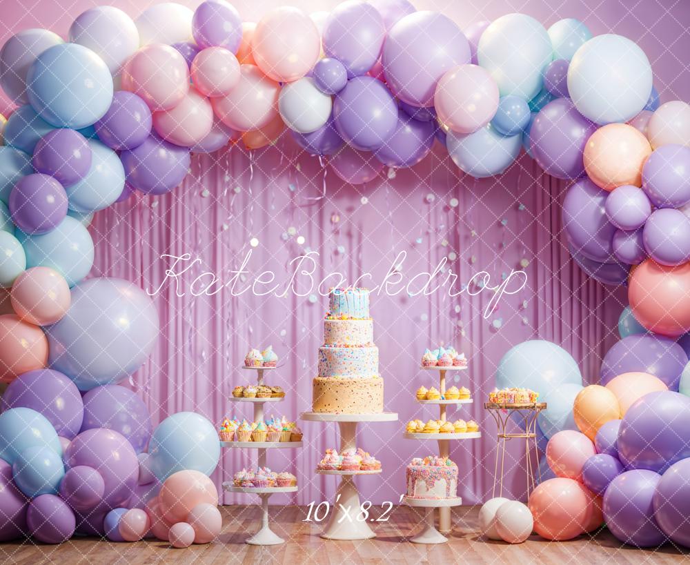 Kate Geburtstag Kuchen Smash Bunter Ballon Bogen Hintergrund Entworfen von Emetselch - Kate Backdrop.de