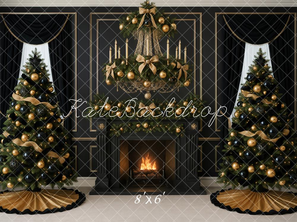 Kate Weihnachten Kamin Tannenbäume Schwarz Gold Hintergrund Entworfen von Ashley Paul - Kate Backdrop.de