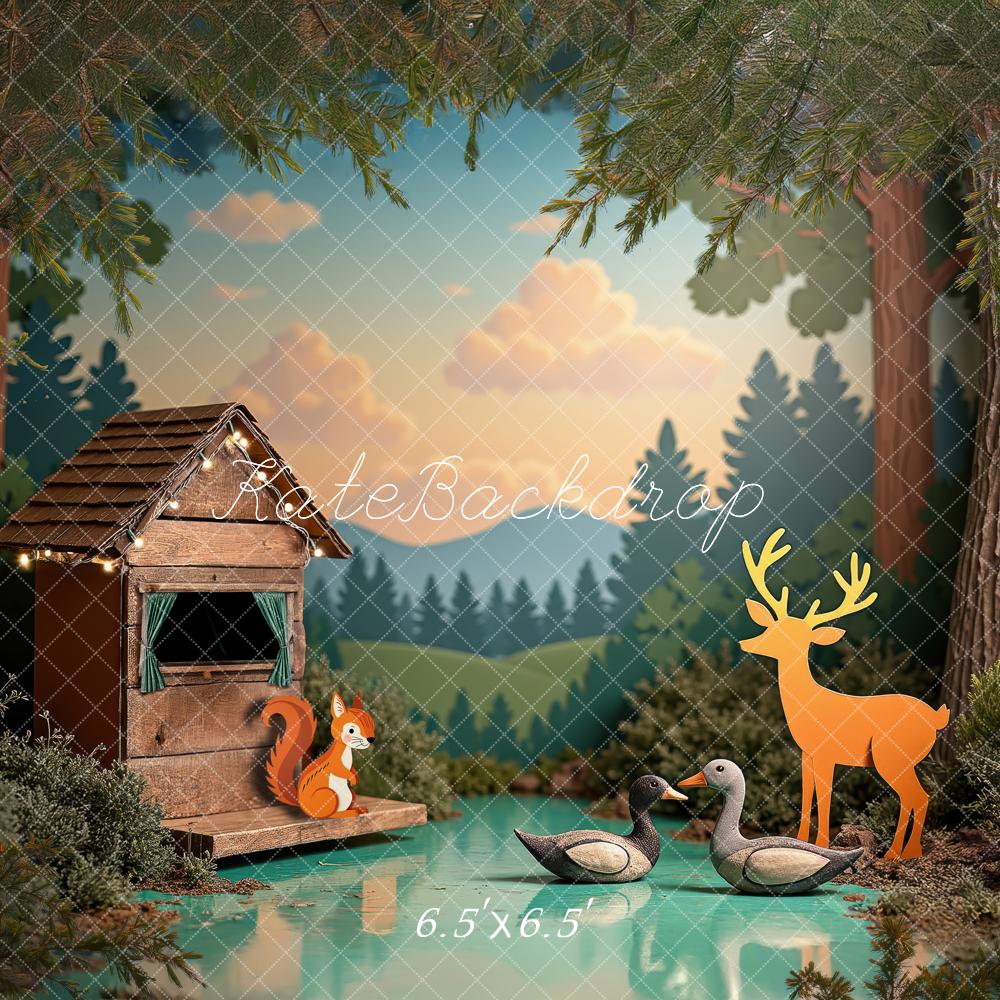 Kate Wald Holzhaus Tiere Illustrativ Hintergrund Entworfen von Laura Bybee