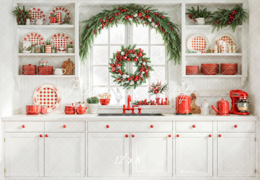 Kate Weihnachten Küche Kranz Rot Weiß Hintergrund Entworfen von Emetselch - Kate Backdrop.de