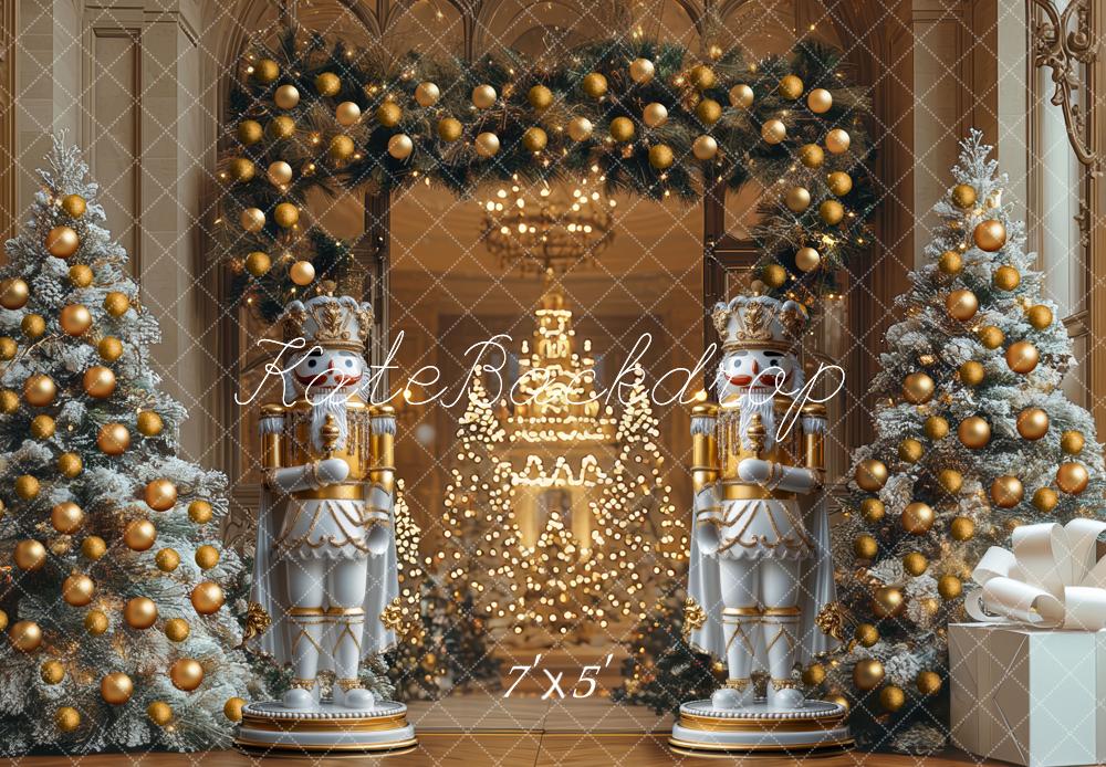 Kate Weihnachten Nussknacker Tannen Gold Hintergrund Entworfen von Mini MakeBelieve - Kate Backdrop.de