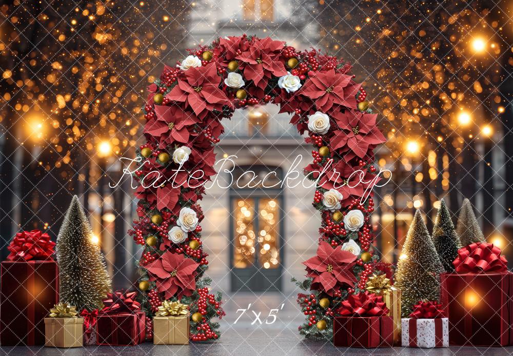 Kate Weihnachten Blumenbogen Geschenke Goldlicht Hintergrund Entworfen von Mini MakeBelieve - Kate Backdrop.de