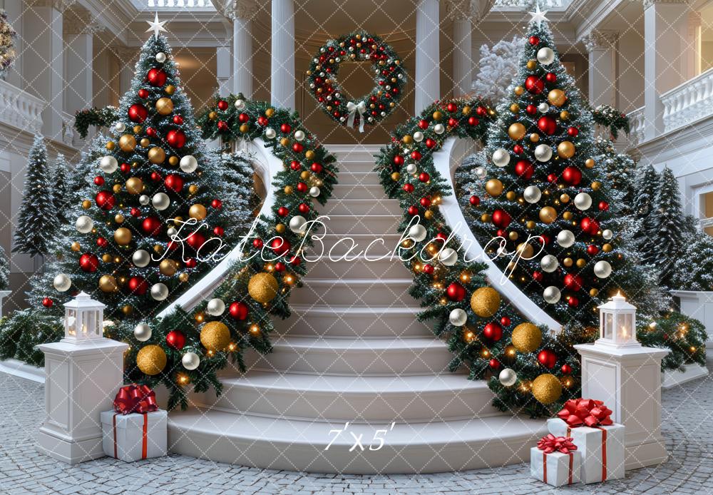 Kate Weihnachten Treppe Weihnachtsbaum Geschenke Hintergrund Entworfen von Mini MakeBelieve - Kate Backdrop.de