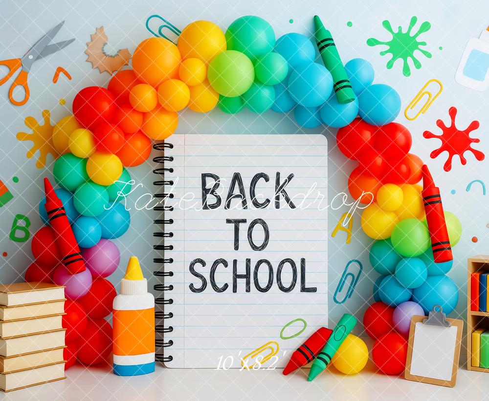 Kate Zurück zur Schule Ballonbogen Schulmaterial Bunt Hintergrund Entworfen von Patty Roberts - Kate Backdrop.de