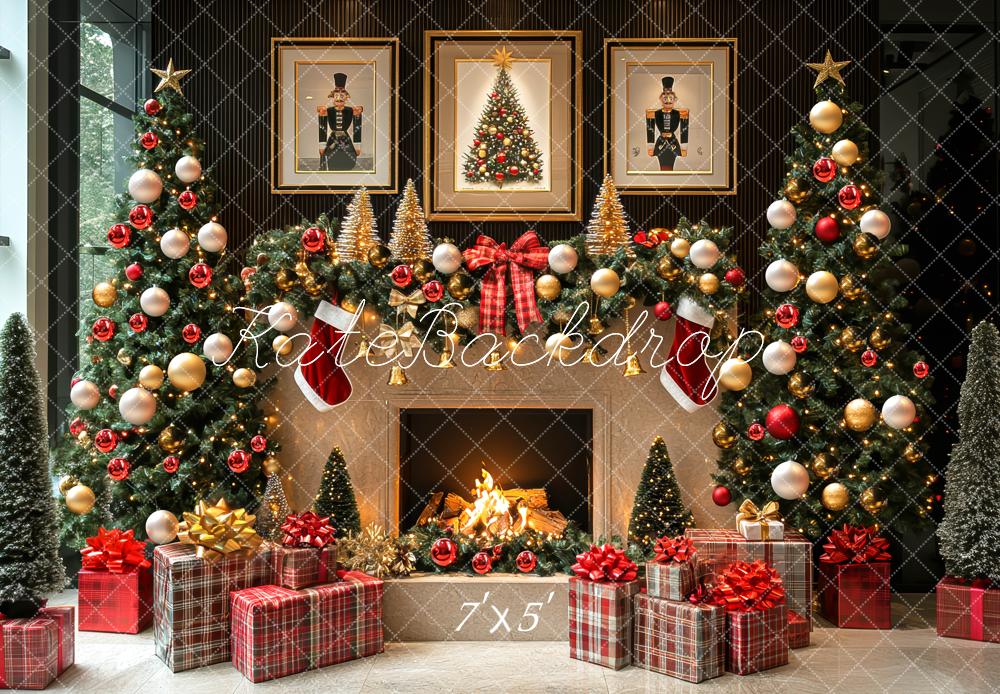 Kate Weihnachten Kamin Weihnachtsbaum Rot Gold Hintergrund Entworfen von Mini MakeBelieve - Kate Backdrop.de