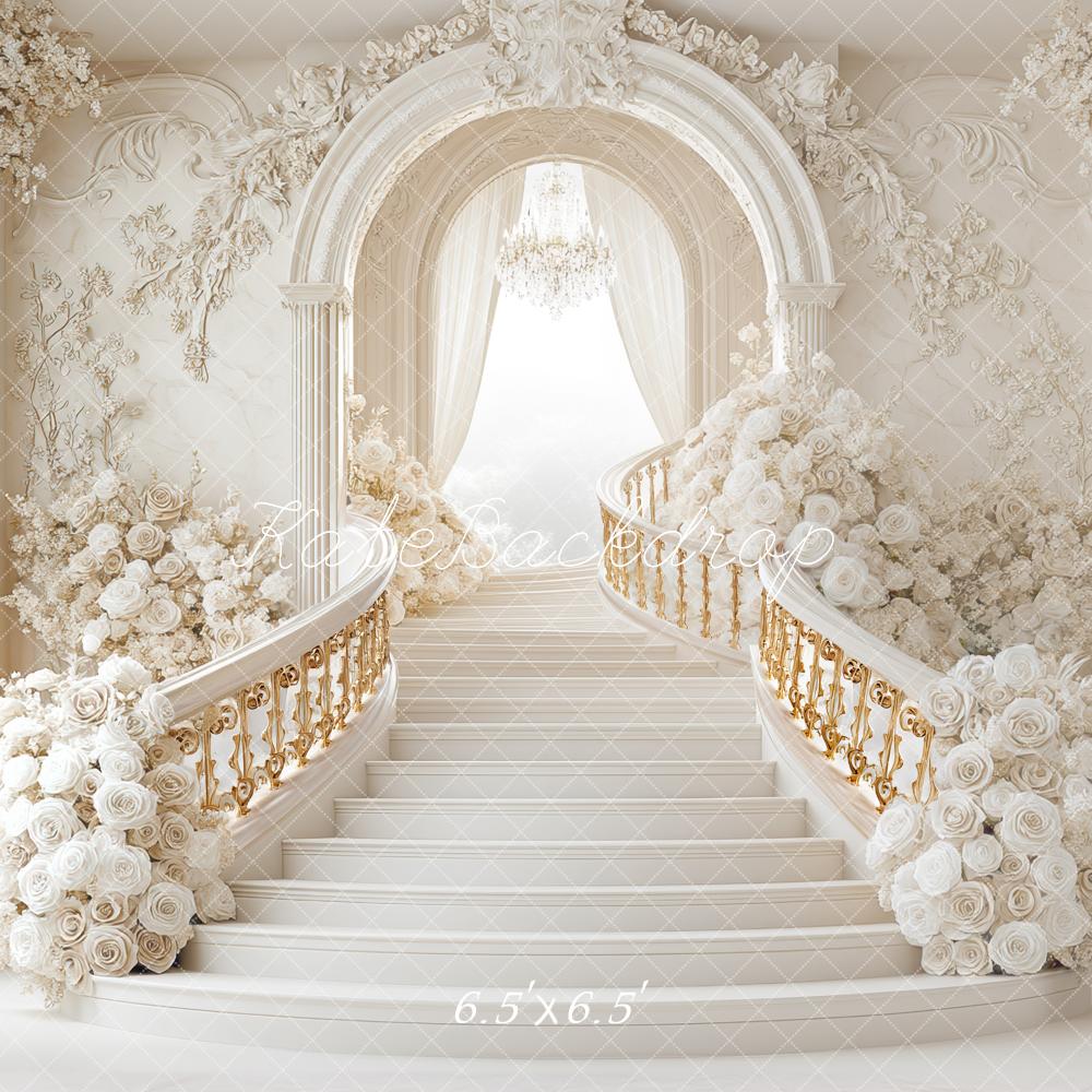 Kate Hochzeit Prunkvolle Treppe Blumen Weiß Hintergrund Entworfen von Mini MakeBelieve - Kate Backdrop.de