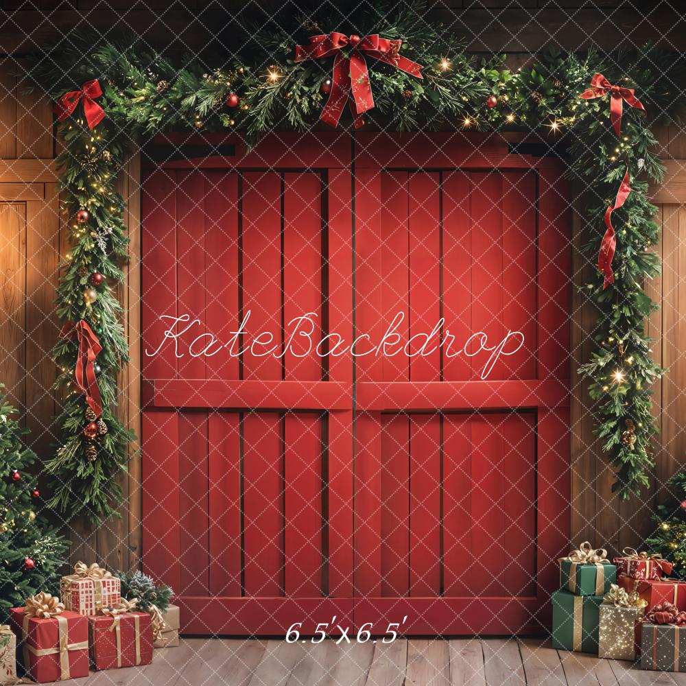 Kate Weihnachten Rote Tür Tannenbaum Holzoptik Hintergrund Entworfen von Emetselch - Kate Backdrop.de