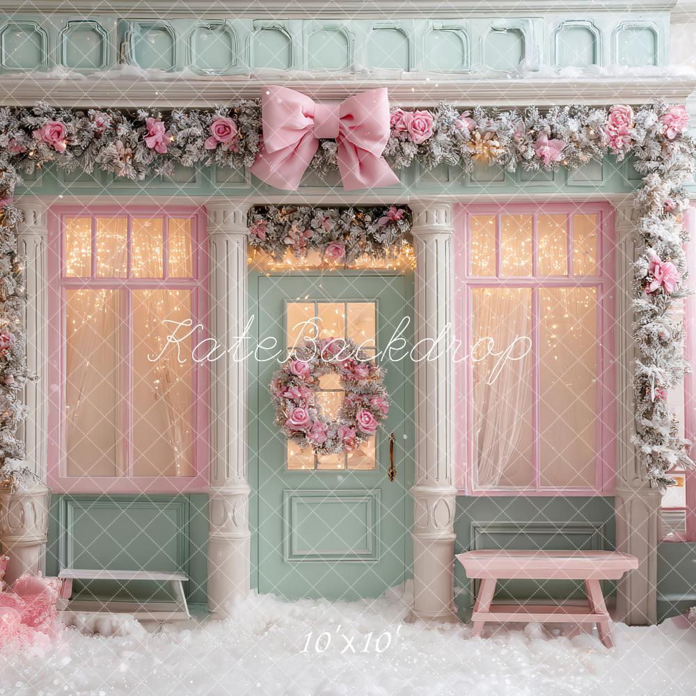 Kate Weihnachten Pastell Geschäft Fassade Rosa Hintergrund Entworfen von Ashley Paul