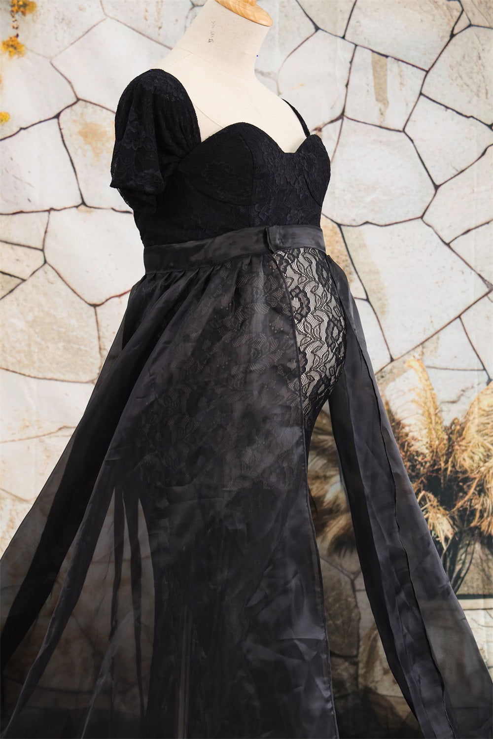 Kate Kurzärmeliges trägerloses schwarzes Mutterschafts-Fotoshooting-Kleid aus Spitze - Kate Backdrop.de
