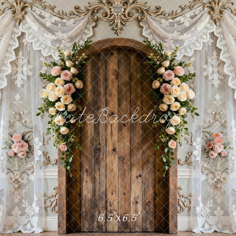 Kate Hochzeit Holztür Blumen Spitze Hintergrund Entworfen von Mini MakeBelieve