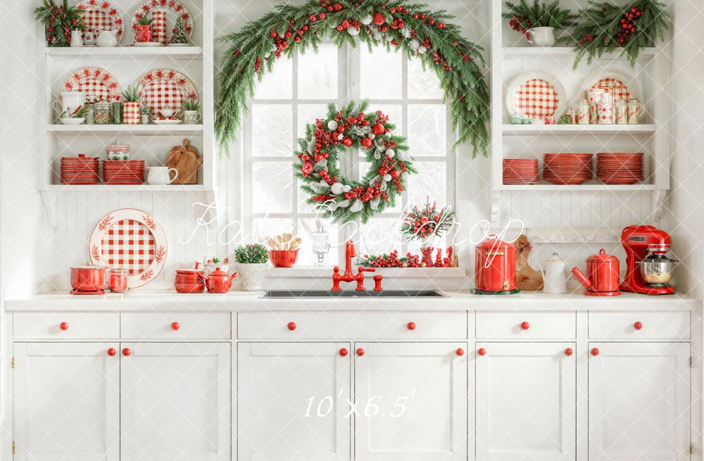 Kate Weihnachten Küche Kranz Rot Weiß Hintergrund Entworfen von Emetselch - Kate Backdrop.de