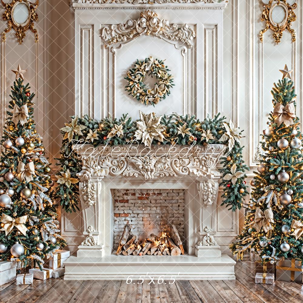 Kate Weihnachten Kamin Tannenbäume Gold Hintergrund Entworfen von Emetselch