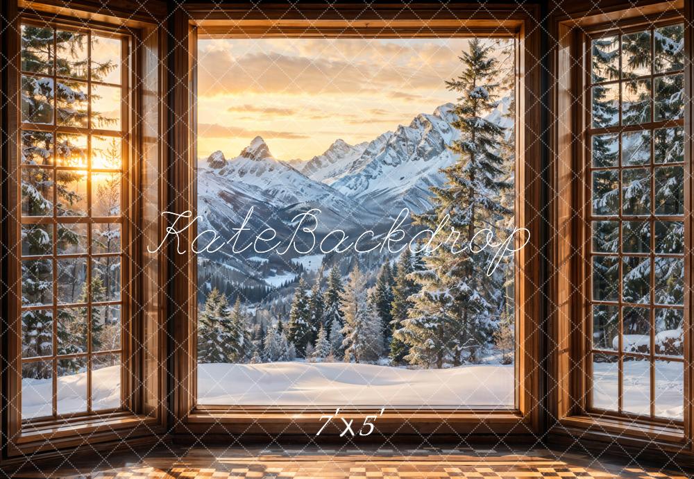 Kate Winter Fenster Berge Braun Hintergrund Entworfen von Emetselch - Kate Backdrop.de